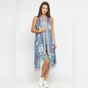 Bohemian Blue Sleeveless Kimono Cardigan Vest